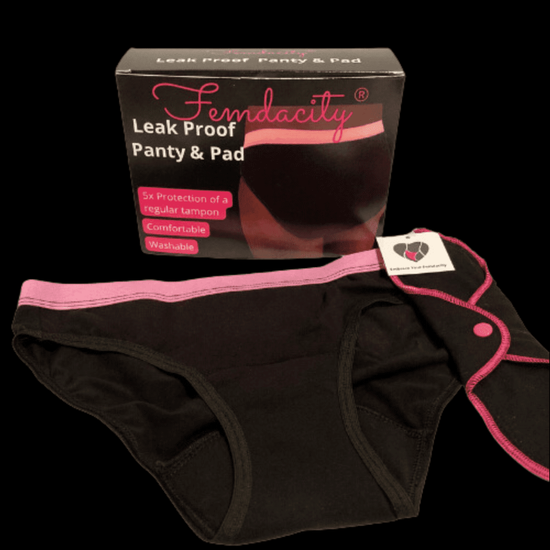 A box of underwear with a pink trim and black panties.